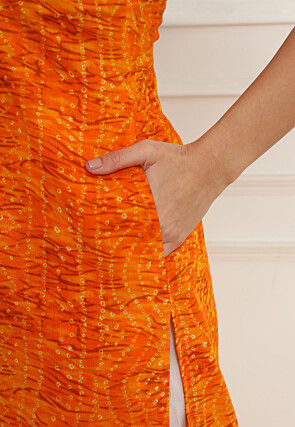 Bandhej Printed Cotton Straight Kurta Set in Orange