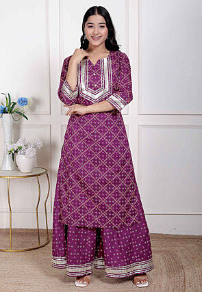 Bandhej Printed Cotton Straight Kurta Set in Purple