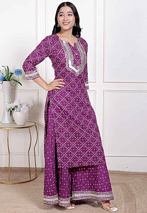 Bandhej Printed Cotton Straight Kurta Set in Purple