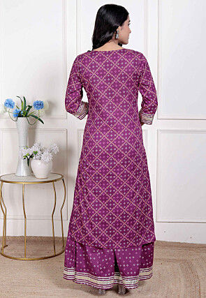 Bandhej Printed Cotton Straight Kurta Set in Purple