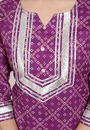 Bandhej Printed Cotton Straight Kurta Set in Purple