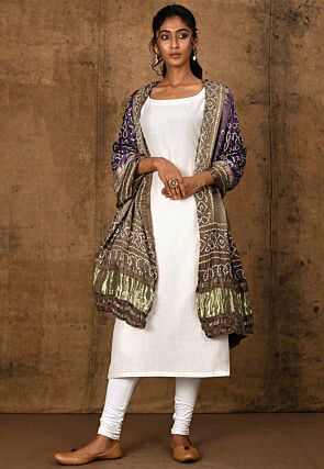 Bandhej Printed Cotton Straight Suit in Off White