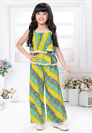 Bandhej Printed Cotton Top Set in Yellow and Blue