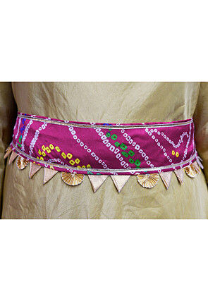 Bandhej Printed Crepe Adjustable Waist Belt in Fuchsia