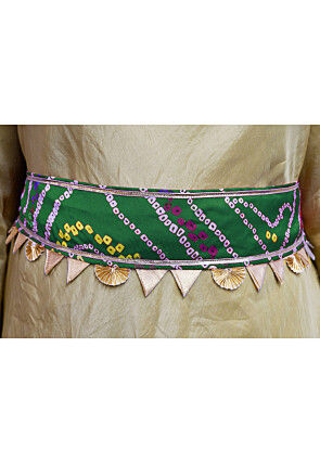 Bandhej Printed Crepe Adjustable Waist Belt in Green
