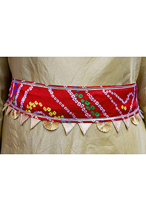 Bandhej Printed Crepe Adjustable Waist Belt in Red