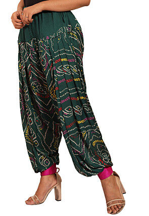 Bandhej Printed Crepe Alladin Pant in Dark Green