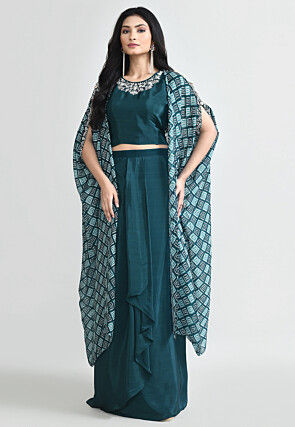 Bandhej Printed Crepe Crop Top Set in Teal Blue