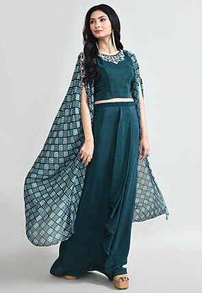 Bandhej Printed Crepe Crop Top Set in Teal Blue