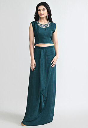 Bandhej Printed Crepe Crop Top Set in Teal Blue