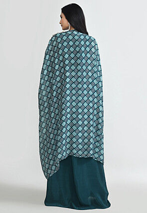 Bandhej Printed Crepe Crop Top Set in Teal Blue