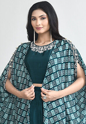 Bandhej Printed Crepe Crop Top Set in Teal Blue