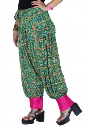 Bandhej Printed Crepe Harem Pant in Teal Green