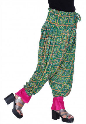 Bandhej Printed Crepe Harem Pant in Teal Green