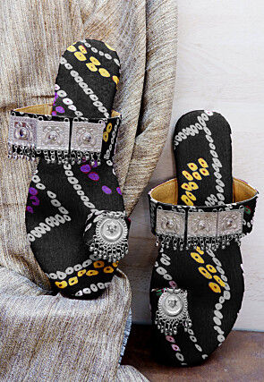 Bandhej Printed Crepe Kolhapuris in Black