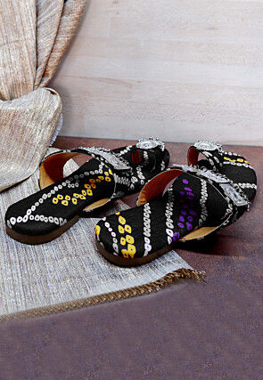 Bandhej Printed Crepe Kolhapuris in Black