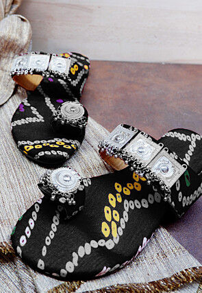 Bandhej Printed Crepe Kolhapuris in Black