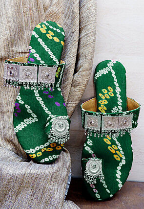 Bandhej Printed Crepe Kolhapuris in Green