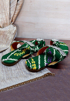 Bandhej Printed Crepe Kolhapuris in Green