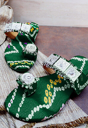Bandhej Printed Crepe Kolhapuris in Green