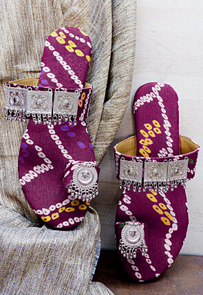 Bandhej Printed Crepe Kolhapuris in Purple