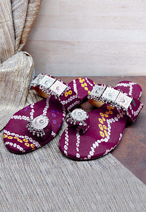 Bandhej Printed Crepe Kolhapuris in Purple