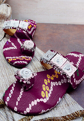 Bandhej Printed Crepe Kolhapuris in Purple