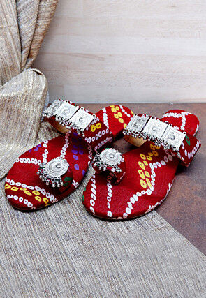 Bandhej Printed Crepe Kolhapuris in Red