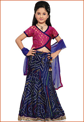 Bandhej Printed Crepe Lehenga in Navy Blue