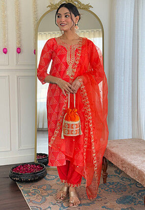 Bandhej Printed Crepe Pakistani Suit in Orange