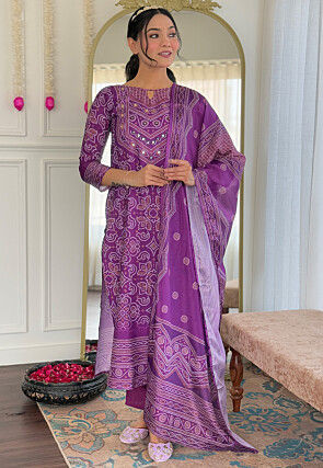Bandhej Printed Crepe Pakistani Suit in Purple