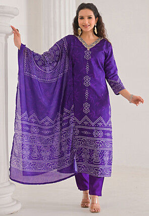 Bandhej Printed Crepe Pakistani Suit in Purple