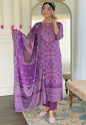 Bandhej Printed Crepe Pakistani Suit in Purple