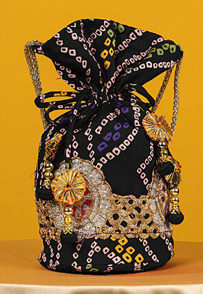Bandhej Printed Crepe Potli Bag in Black