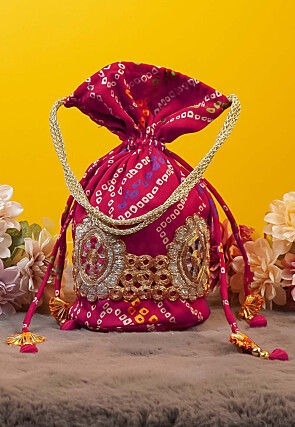 Bandhej Printed Crepe Potli Bag in Fuchsia
