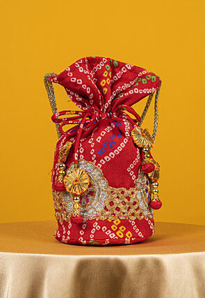 Bandhej Printed Crepe Potli Bag in Red
