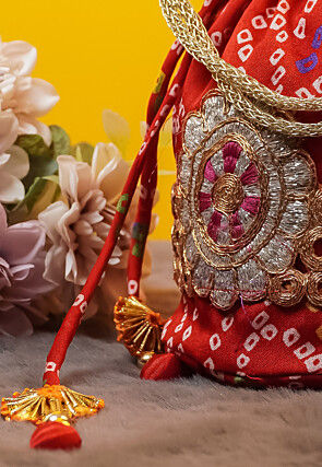 Bandhej Printed Crepe Potli Bag in Red