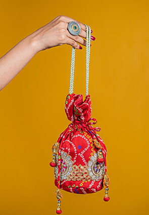 Bandhej Printed Crepe Potli Bag in Red