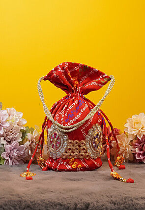 Bandhej Printed Crepe Potli Bag in Red