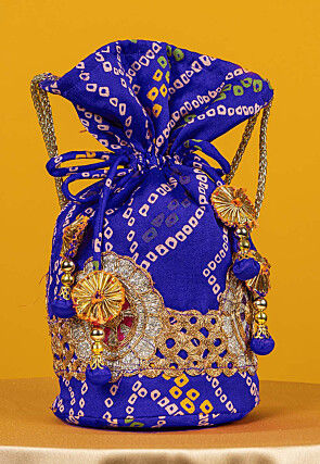 Bandhej Printed Crepe Potli Bag in Royal Blue