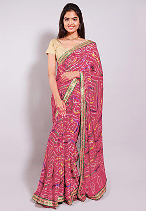 Bandhej Printed Crepe Saree in Dark Peach
