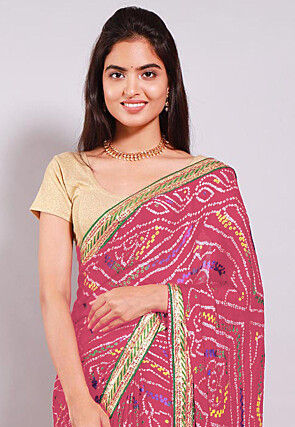 Bandhej Printed Crepe Saree in Dark Peach