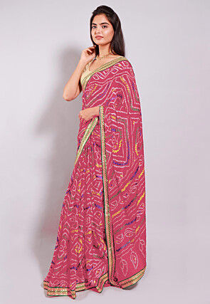 Bandhej Printed Crepe Saree in Dark Peach