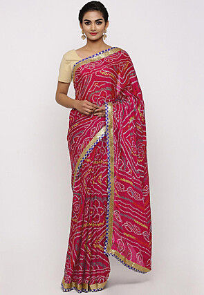Bandhej Printed Crepe Saree in Fuchsia
