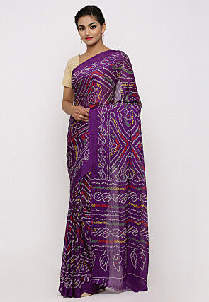 Bandhej Printed Crepe Saree in Purple