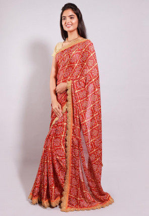 Bandhej Printed Crepe Saree in Red