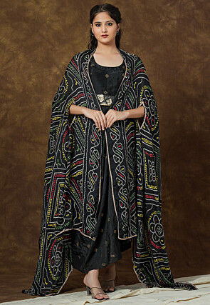 Bandhej Printed Crepe Shrug in Black