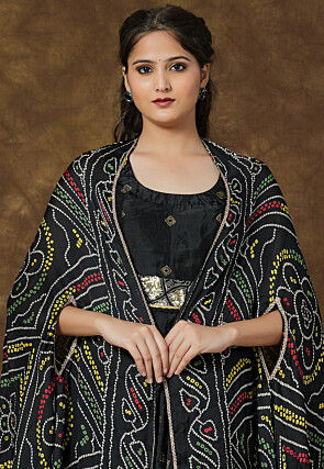 Bandhej Printed Crepe Shrug in Black