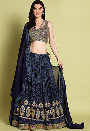 Bandhej Printed Crepe Silk Lehenga in Blue