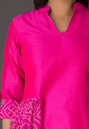 Bandhej Printed Dupion Silk A Line Suit in Fuchsia